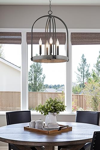 Miniatura 2 de Kira Home Sinclair - Lámpara colgante de granja de 22 pulgadas, 4 luces, lámpara de vestíbulo, estilo madera de roble gris + acabado negro arenado