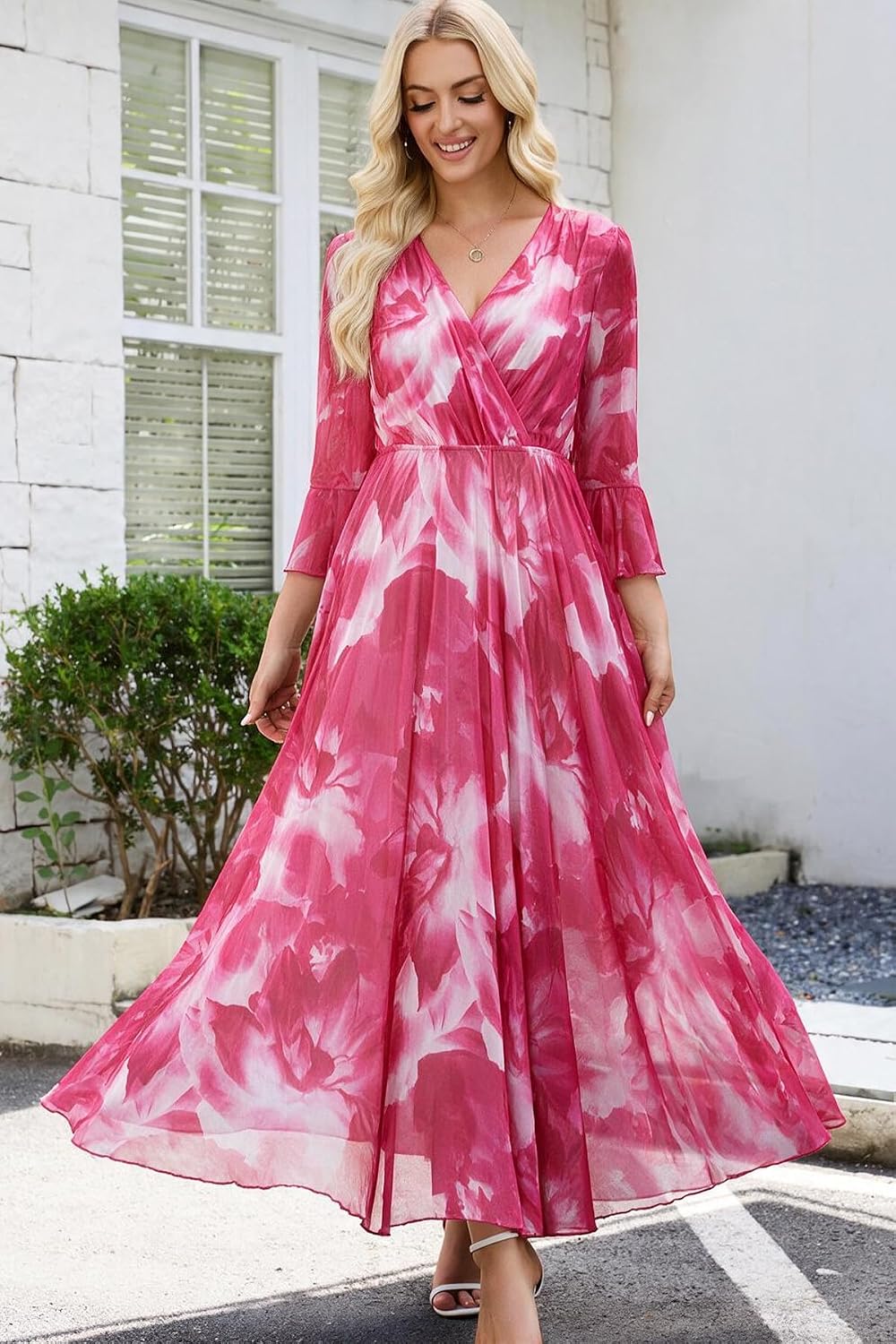 QMZ Women Boho Flowy Floral Maxi Dress Wedding Guest Casual Party Gown image 2