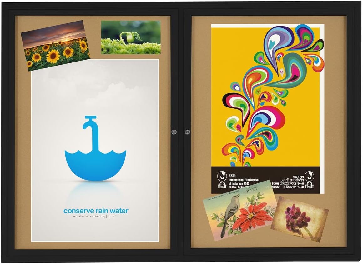 4' x 3' Indoor Bulletin Board with 2 Locking Swing-Open Doors, 48" x 36" Cork Board with Wall-Mounting Bracket, Black Aluminum Frame with Natural Cork Backing