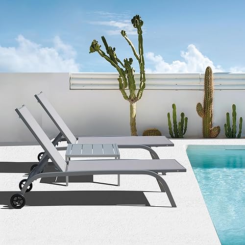 Miniatura 7 de Domi - Juego de 2 tumbonas para exteriores con ruedas, marco de metal resistente con 5 posiciones ajustables reclinables para porche, playa, patio,