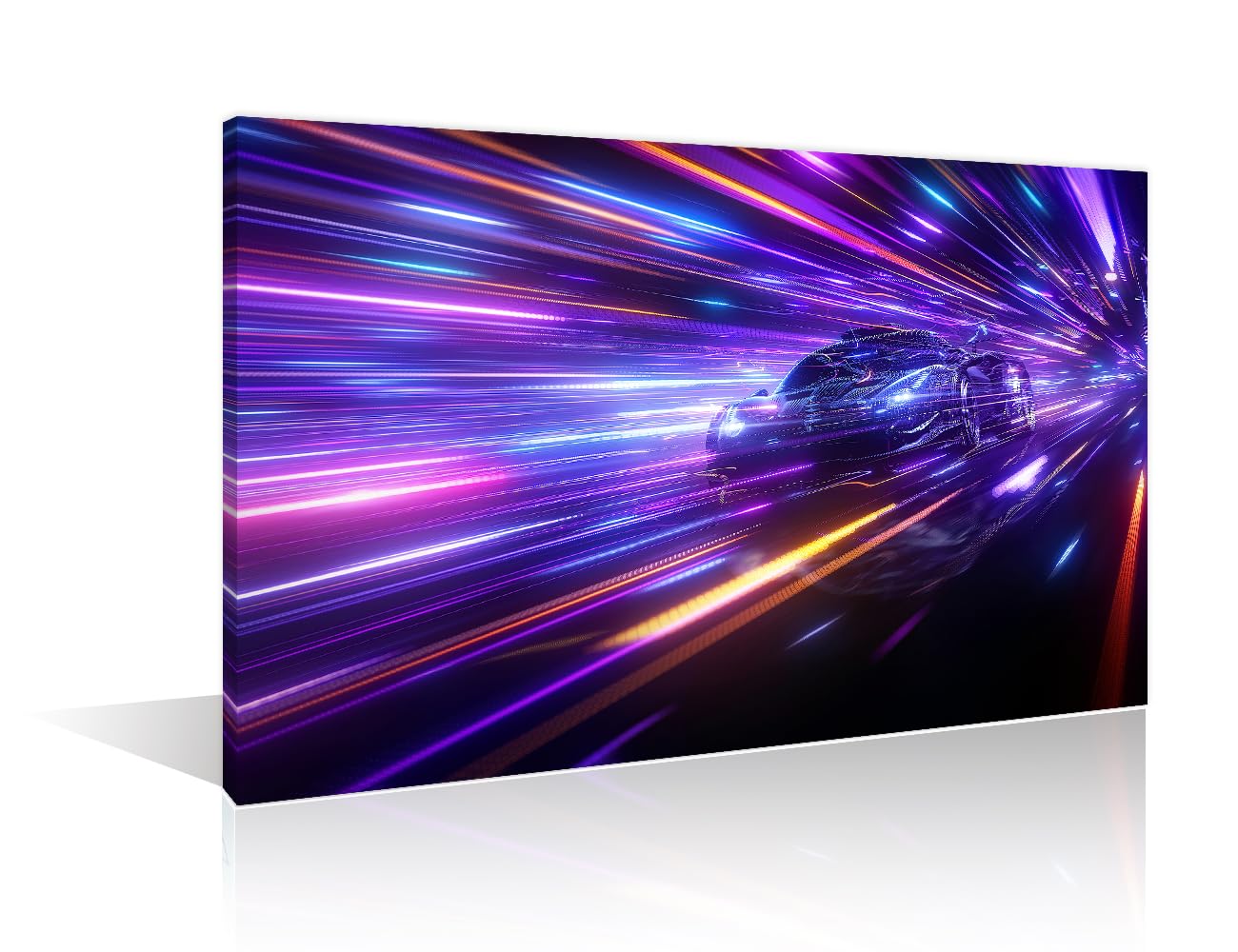 1 Panels Abstract Speeding Sports Car On Neon Highway Wall Decor for Living Room, Bedroom, Bathroom, Office. Cyberpunk Style Modern Artwork Framed Ready to Hang (24" Wx36 H) โ image 1
