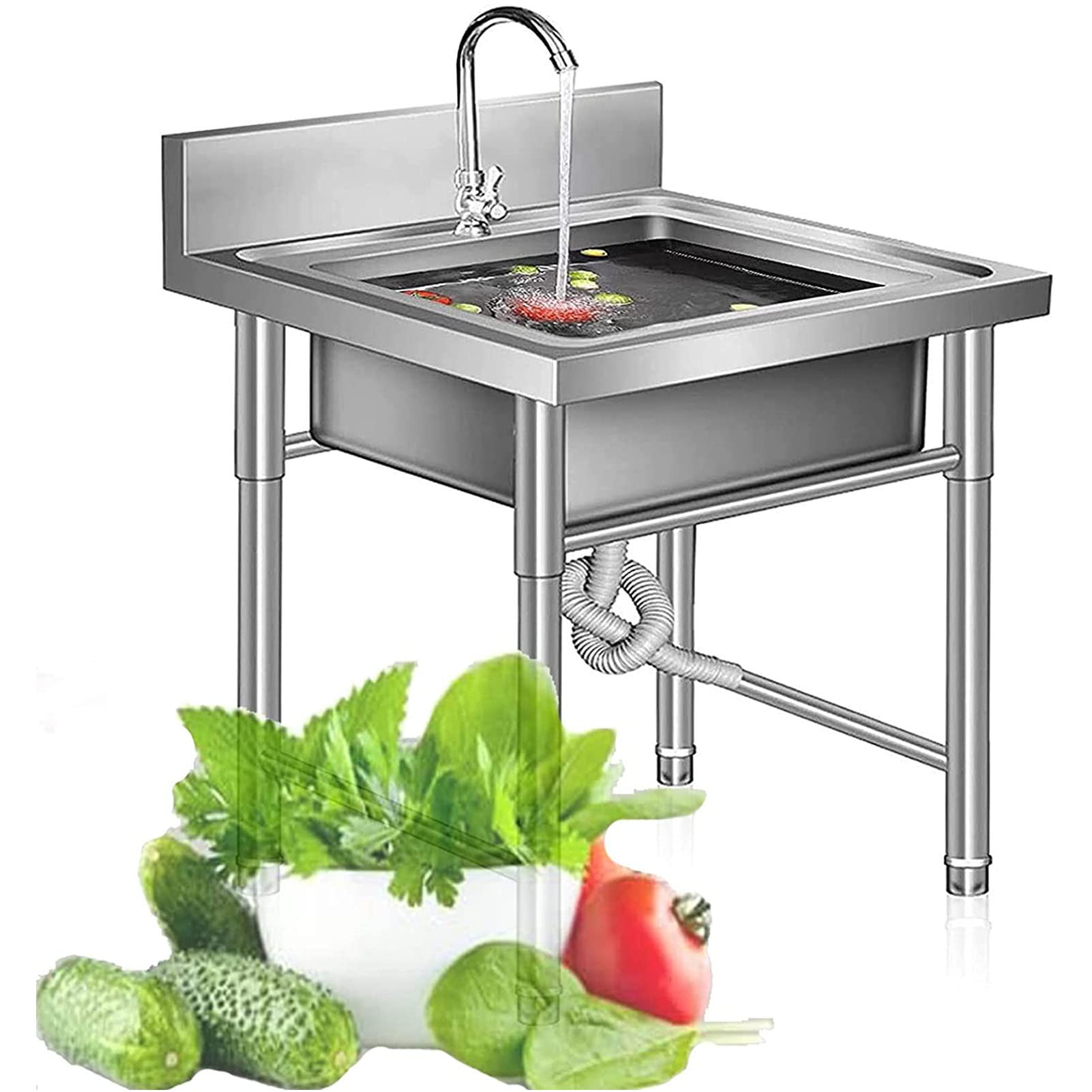 Évier à un bac avec passoire inox 304 plonge sur pied 50 cm pour restaurant et buanderie