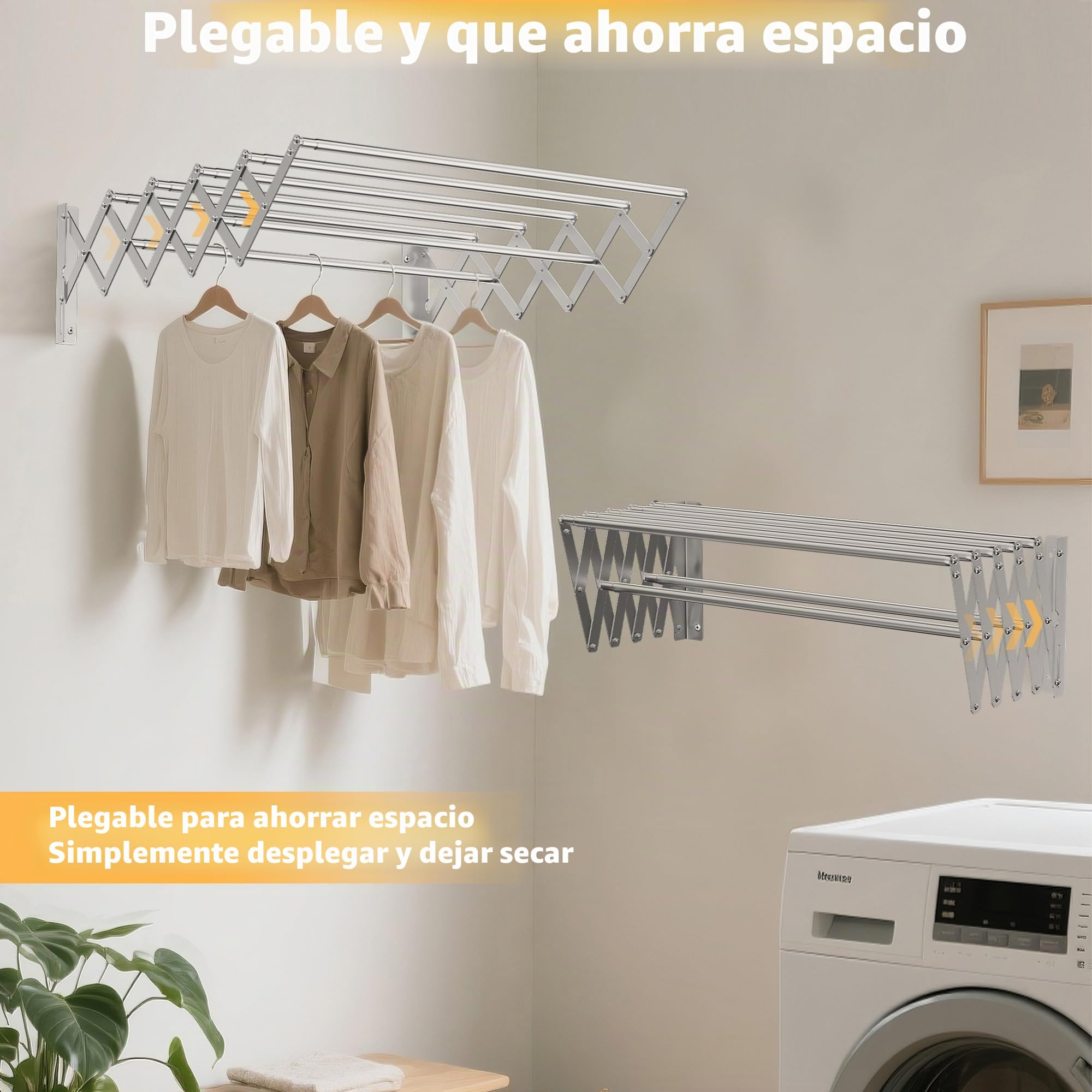 OUUTMEE Tendedero de pared de acero inoxidable extensible, área telescópica frontal y trasera: 12~68cm, con siete varillas de tracción, capacidad de carga 7.5kg (Plata)