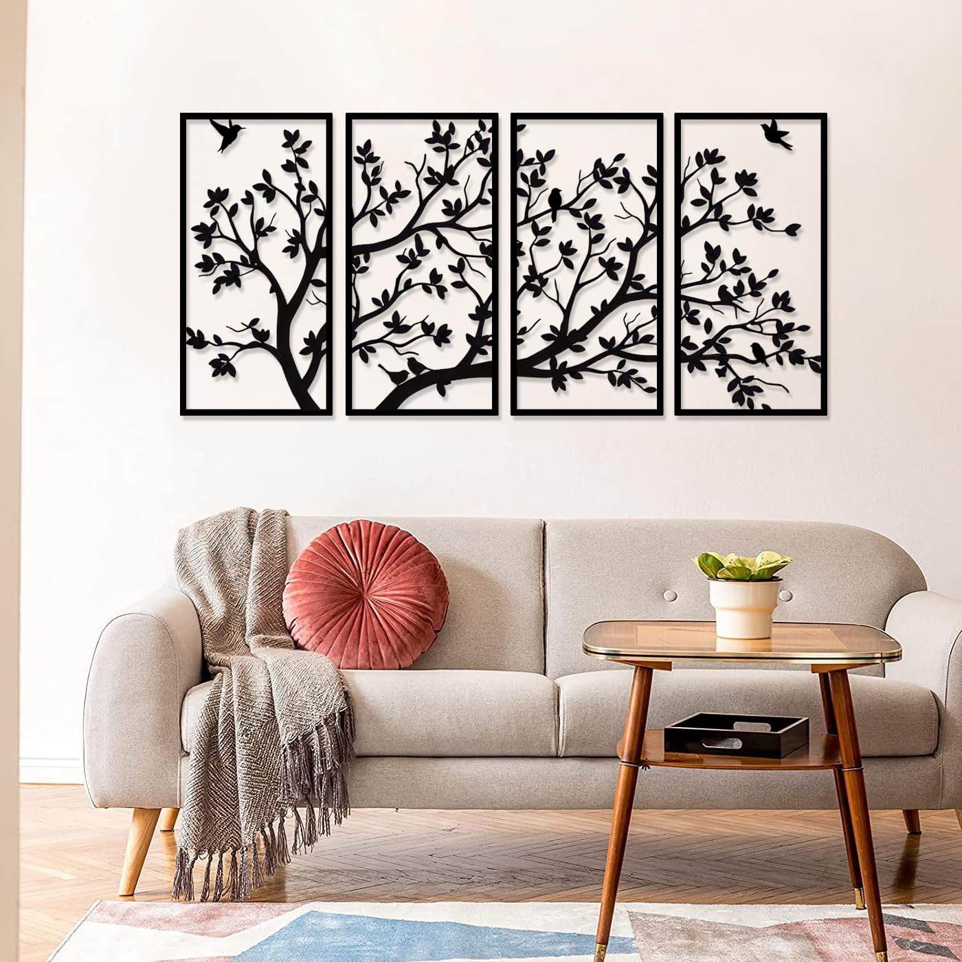 Luccyle Art mural en métal, arbre de vie, 4 panneaux, vie des arbres, art mural en métal, pour cadeau, jardin, maison, chambre à coucher, salon (60 x 30 cm)