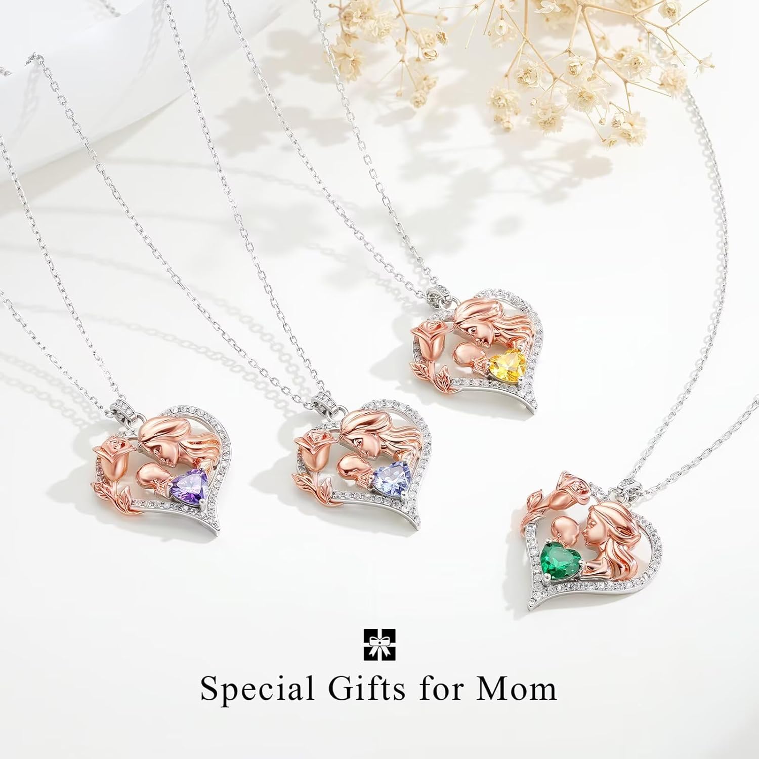 Iefil New Mom Gifts - 925 Sterling Silver Rose Heart Birthstone Necklaces, Birthday First Mothers Day Gifts for New Mom