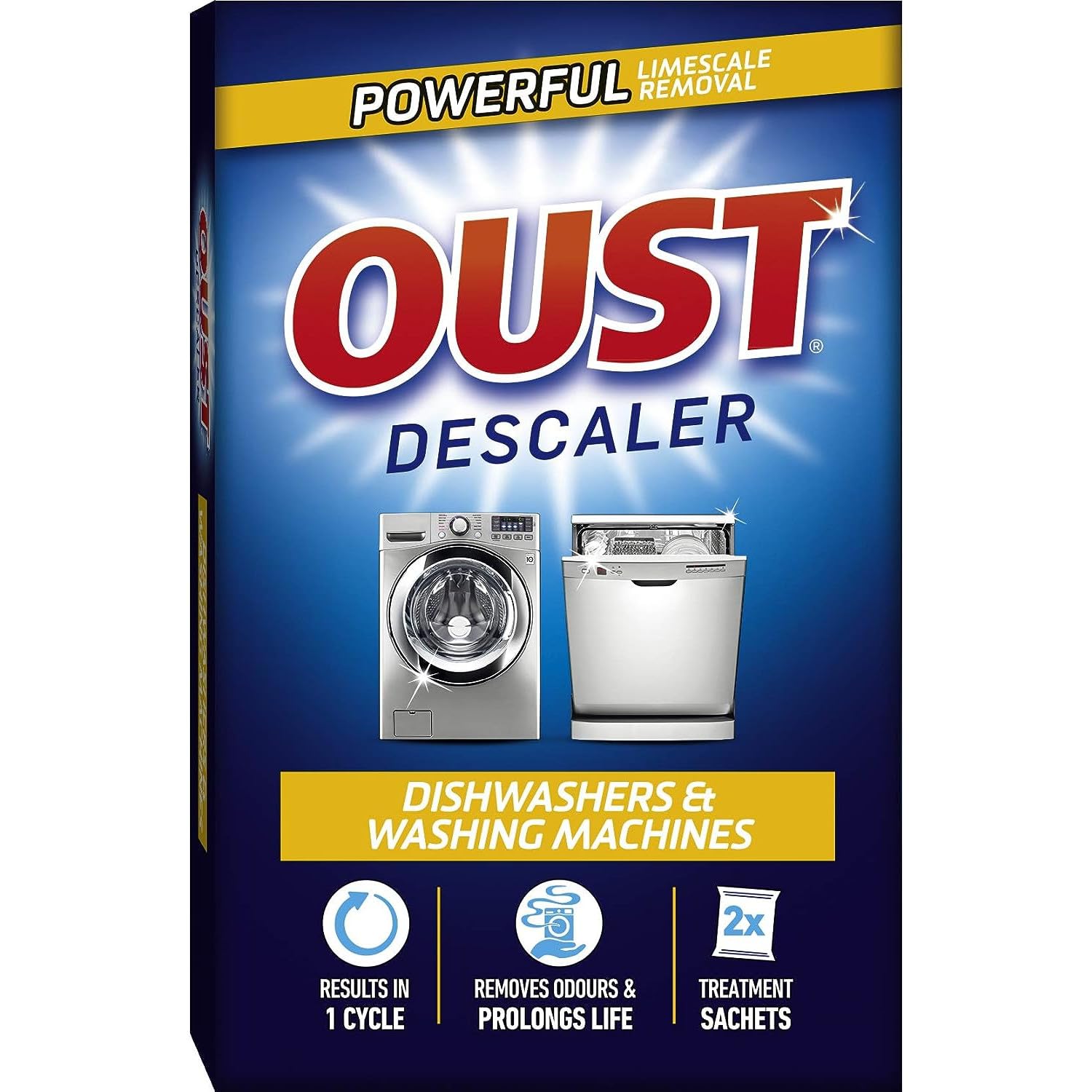 Oust Descaler for Dishwasher Washing Machine 2 Treatment Pack Sachets Limescale Remover Cleaner Appliance Maintenance Removes Buildup Improves Efficiency Prolongs Life Protects Heating Element