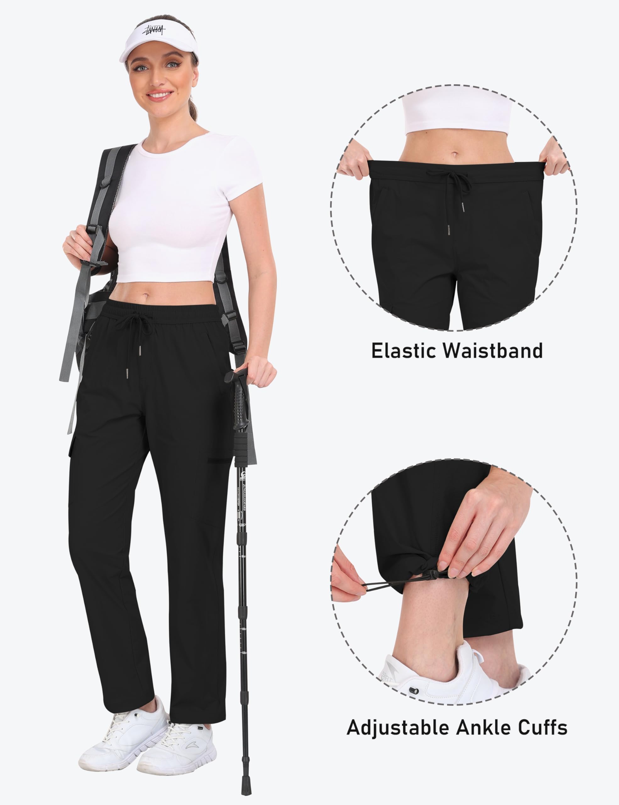 JINSHI Pantalon de Randonnée Imperméable Femme Été Pantalon Cargo Jogging Léger Séchage Rapide Taille Elastique Pantalon de Décontracté Extérieur Montagne Trekking
