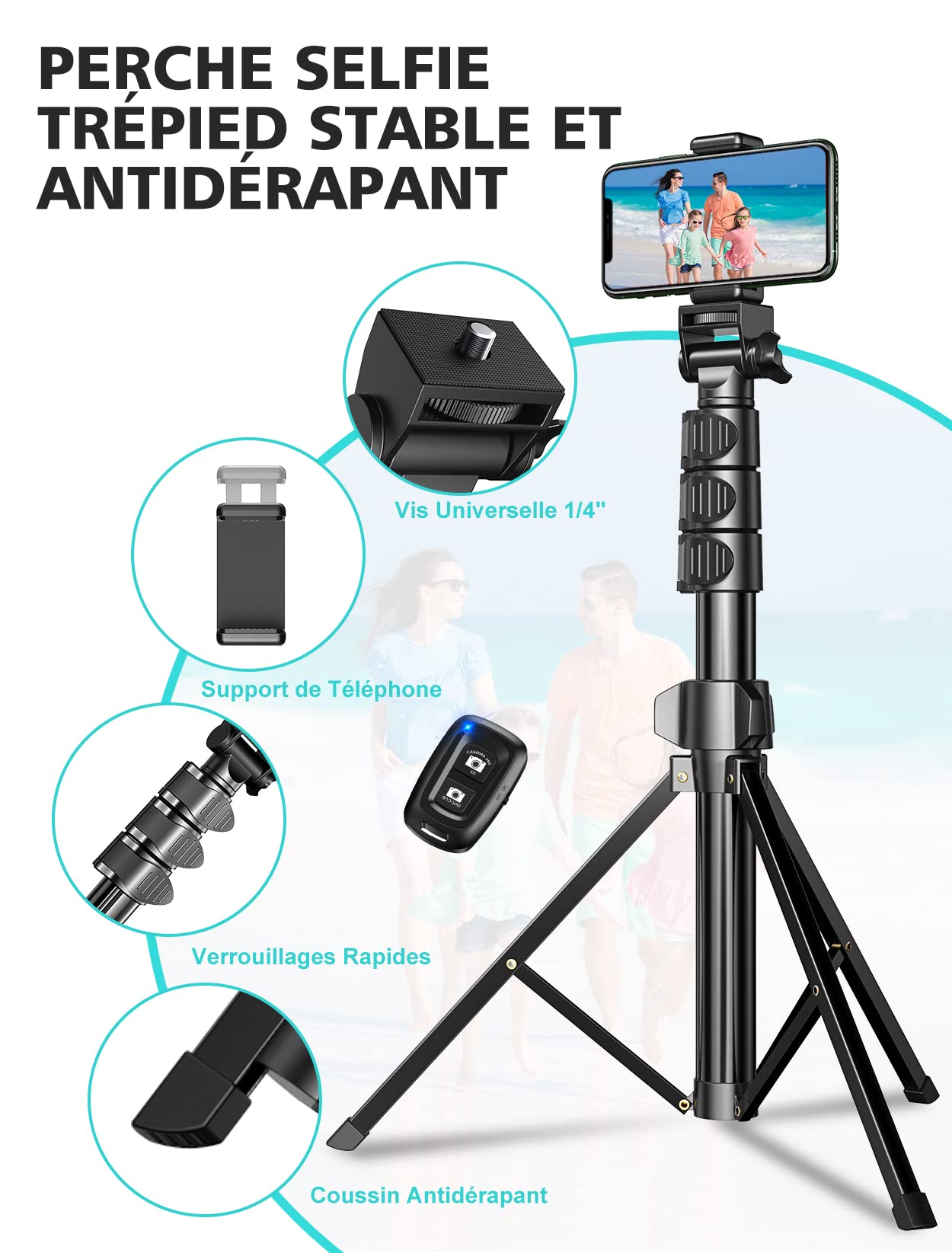CIRYCASE Trepied Smartphone, 142cm Extensible Perche a Selfie Trepied Aluminium avec Télécommande Bluetooth et Support de Téléphone Universel Compatible avec iPhone, Galaxy, Appareil Photo et Gopro