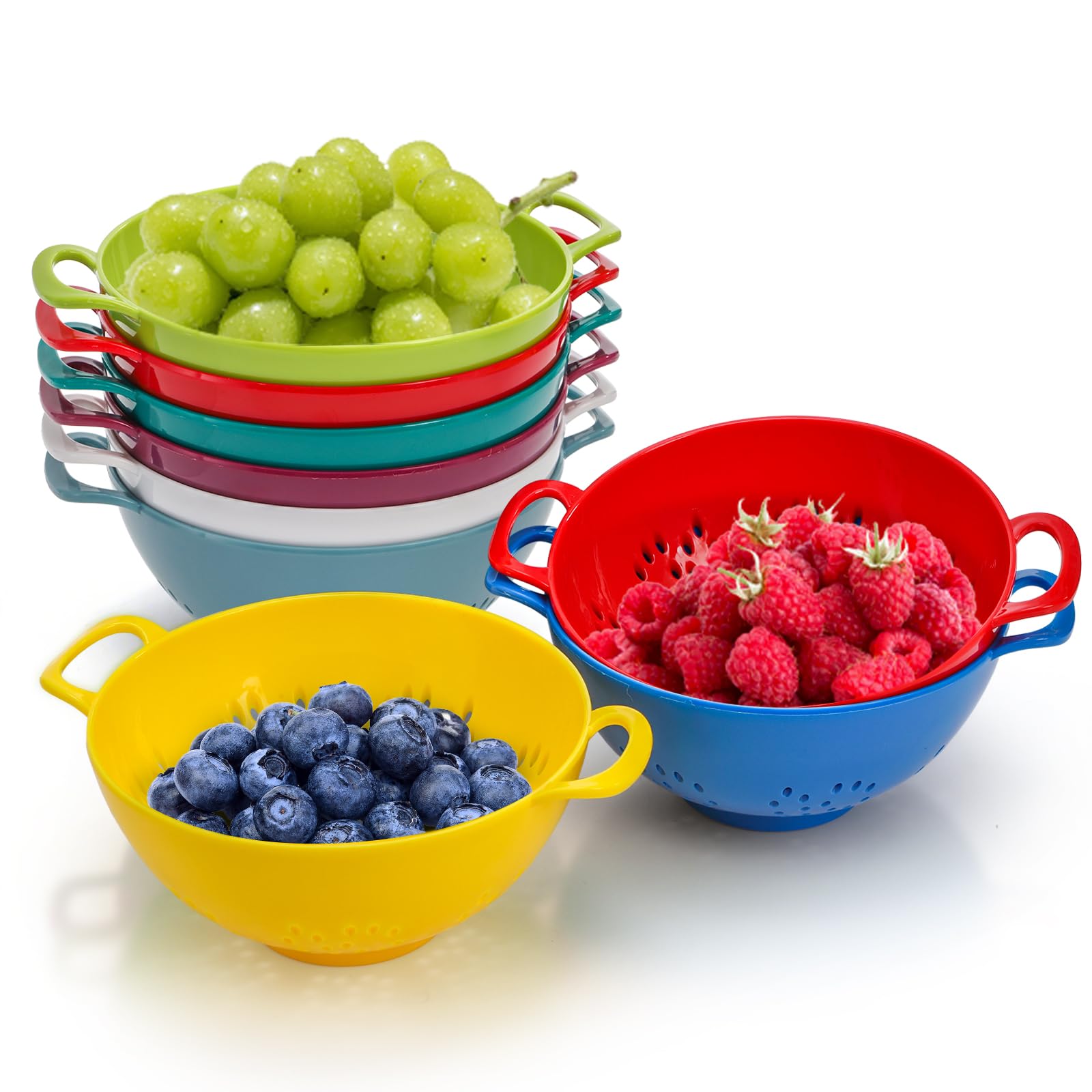 Noamus 8 Pack Mini Colander for Kitchen, 6 Inch Plastic Berry Bowl with Double Handles, Small Compact Food Strainers, Perforated Round Fruits Basket for Vegetables Pasta, BPA-Free, Food-Safe(8 Colors)