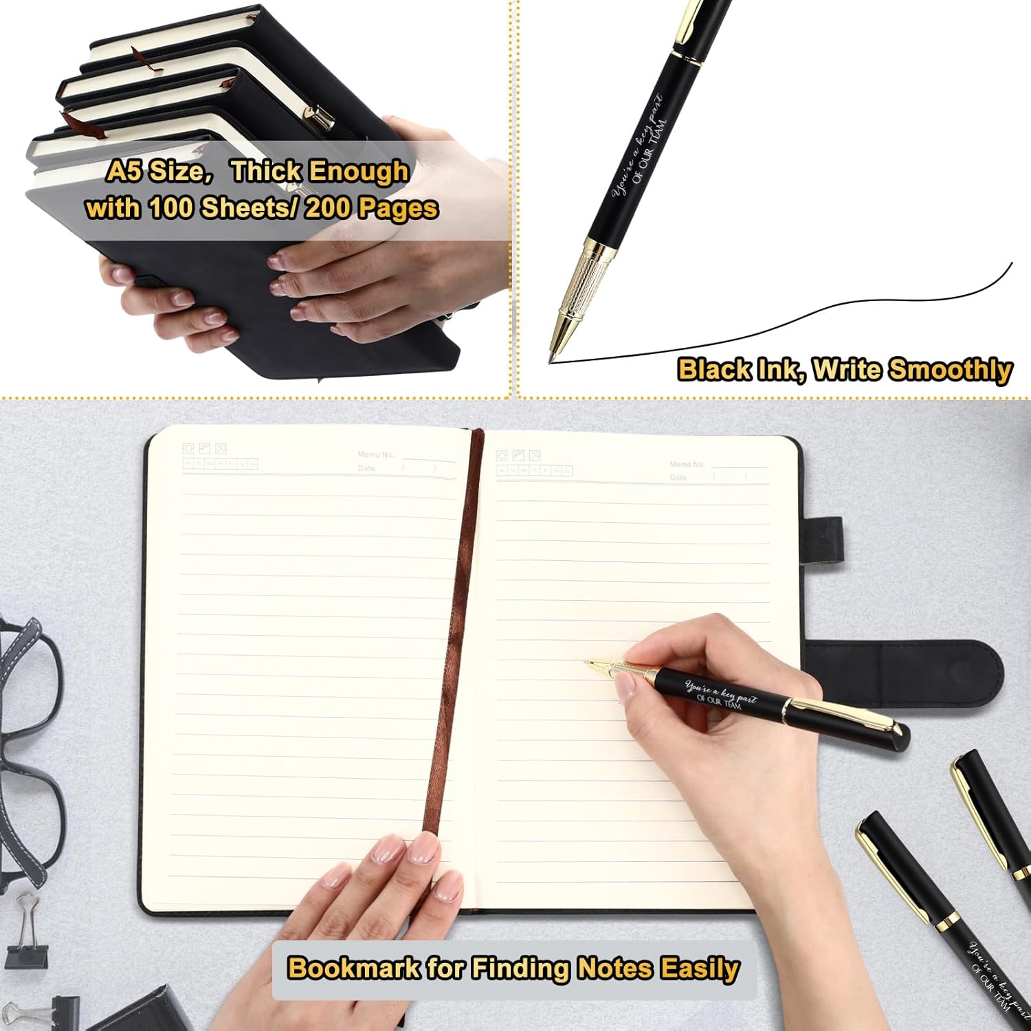 Kosiz 20 Pcs/10 Sets Employee Appreciation Gifts Bulk A5 Leather Notebook and Pen Inspirational Journal Pens for Social Worker Nurse Coworker Staff Secretary Team Gift(Black,Team)