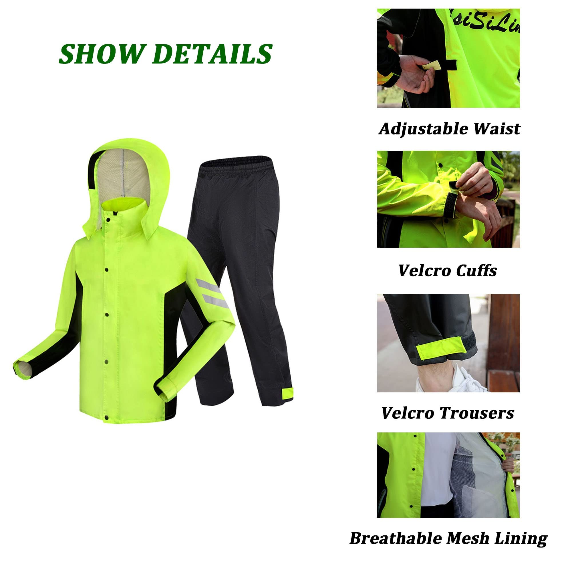 Combinaison de Veste de Pluie Imperméable à l'eau, Imperméable à Capuche Léger et Respirant pour Homme Femme, Manteau Imperméable Réfléchissants pour Le Cyclisme, la Randonnée