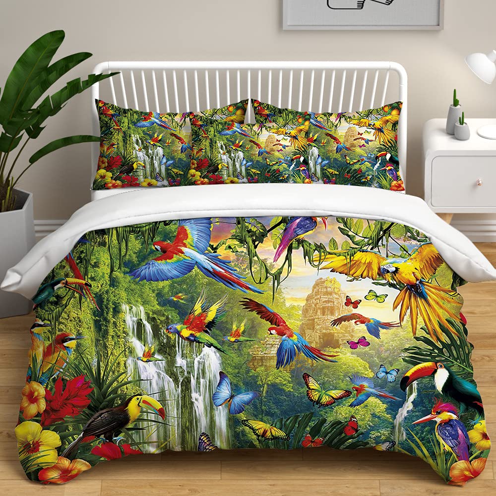 Treer-Shop Tropical Parrot Treer Duvet Cover Set Double Single King Bedding Children Adult Bedding Set Flower Bird Printed Comforter Cover With 2 Pillowcases Decorative Microfiber Quilt Cover 3 Pcs (,200X200cm)