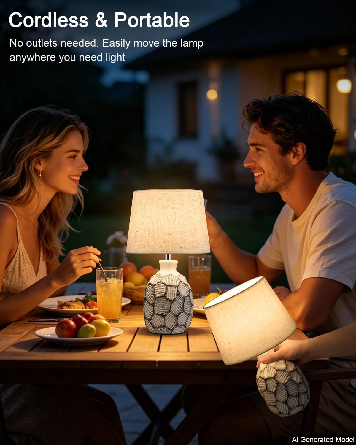 Piccola lampada da tavolo ricaricabile senza fili, 33 cm, base in ceramica costiera | Lampada da comodino a batteria, telecomando RGB, con telecomando, luce calda per camera da letto, soggiorno, cucina, patio