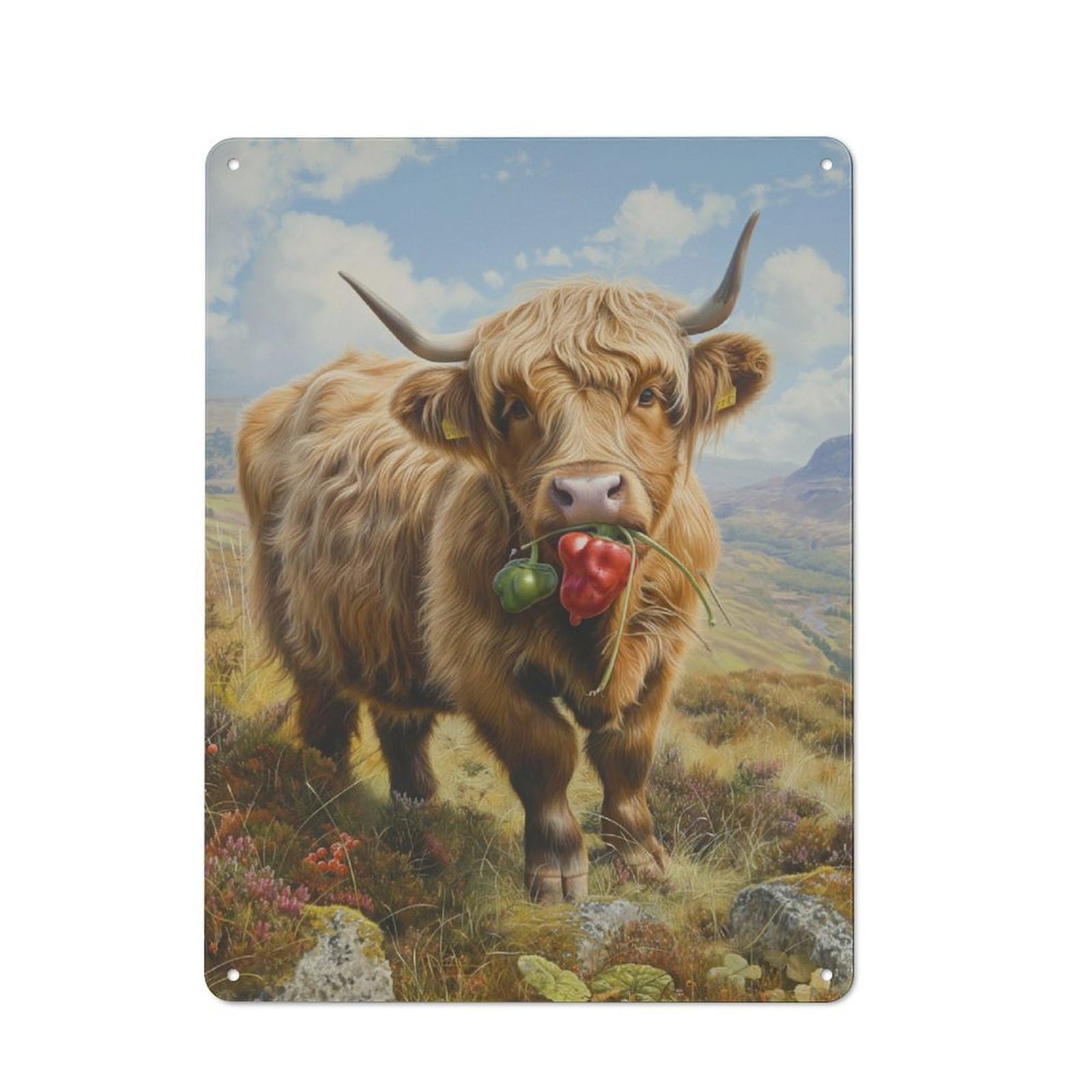 Industrial Highland Cow Pepper Land Decorative Metal Plaque 40x30cm, Studio Wall Art for Flat, Bar, Studio Or Gallery Wall