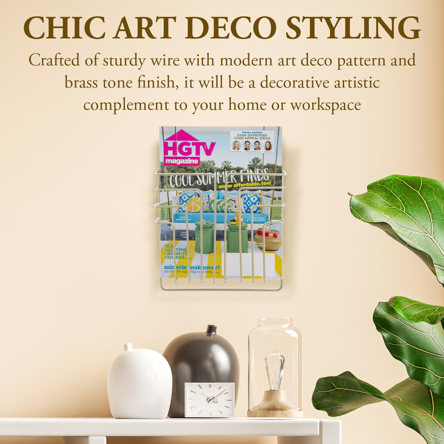 MyGift Modern Art Deco Style Brass Tone Metal Wire Floating Magazine Rack and File Folder Holder, Wall Mounted Home or Office Storage for Documents or Mail