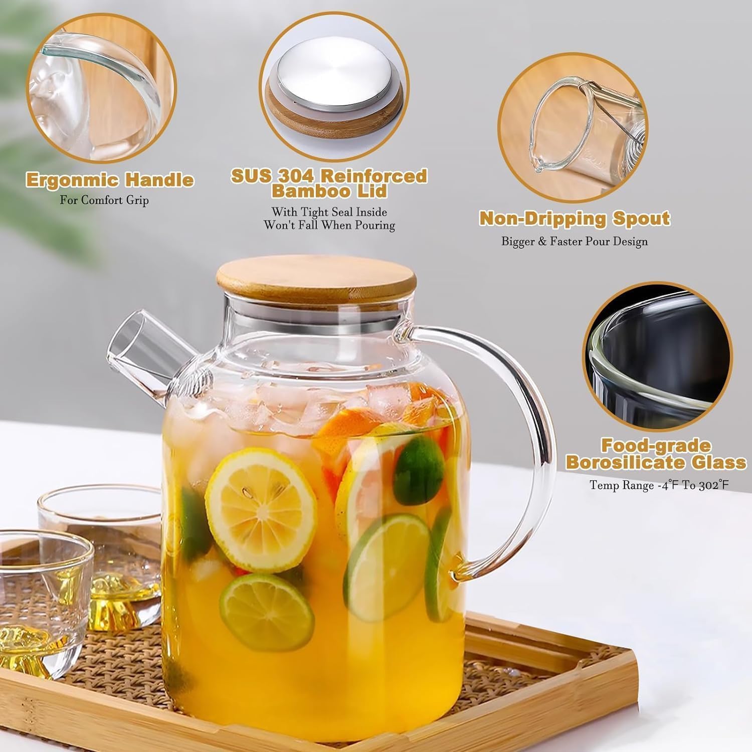 Jinelza Glass Teapot with Wooden Bamboo Lid Stove-Top Glass Kettle Heat-Resistant Borosilicate Pitcher Carafe No-Dripping Stovetop Safe Glass Tea Kettle Pot Serving Jar 1800ML - 1 Pcs 1