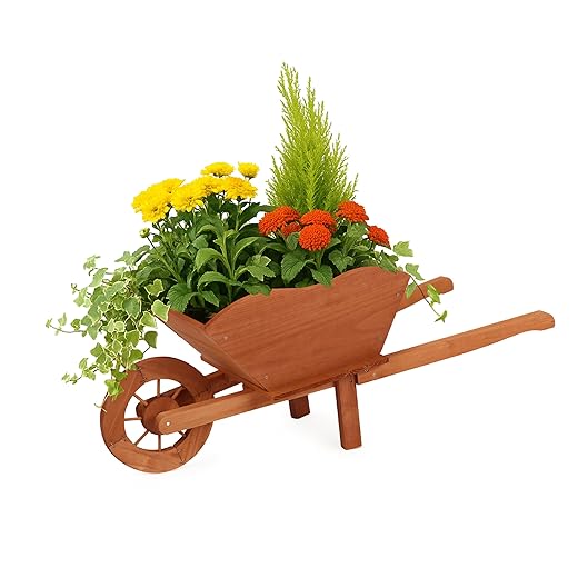 Beipoo Decorative Wooden Wagon Planter Box, Wood Wheelbarrow Planter with Handles, Drainage Hole, Wagon Garden Planter, Flower Cart for Indoor Outdoor Decor