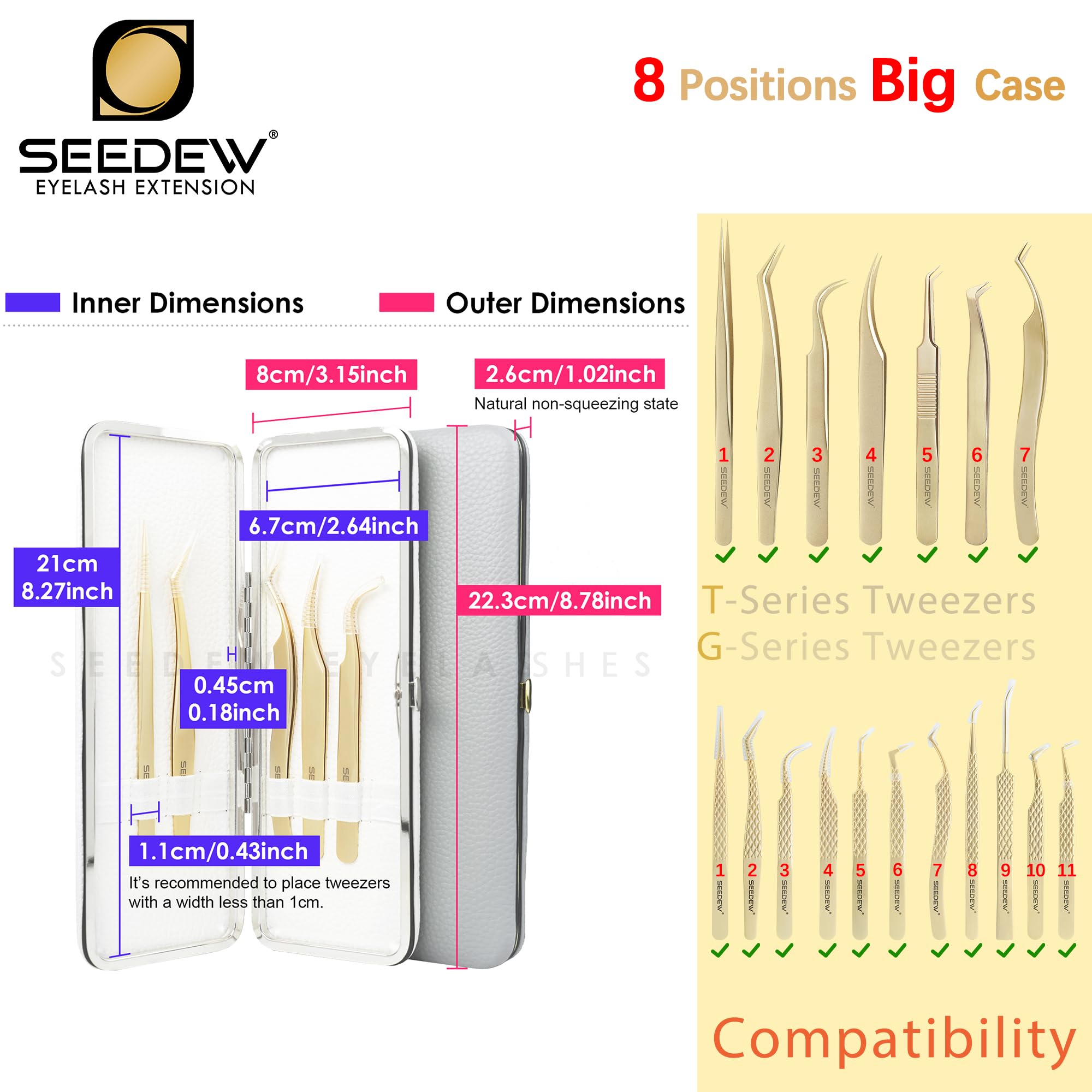 Set di pinzette per extension per ciglia (1 custodia + 6 pinzette) G-01+04+05+06+09+10, pinzette di precisione a punta isolanti e a griglia e punta in fibra, 8 posizioni, kit organizer per
