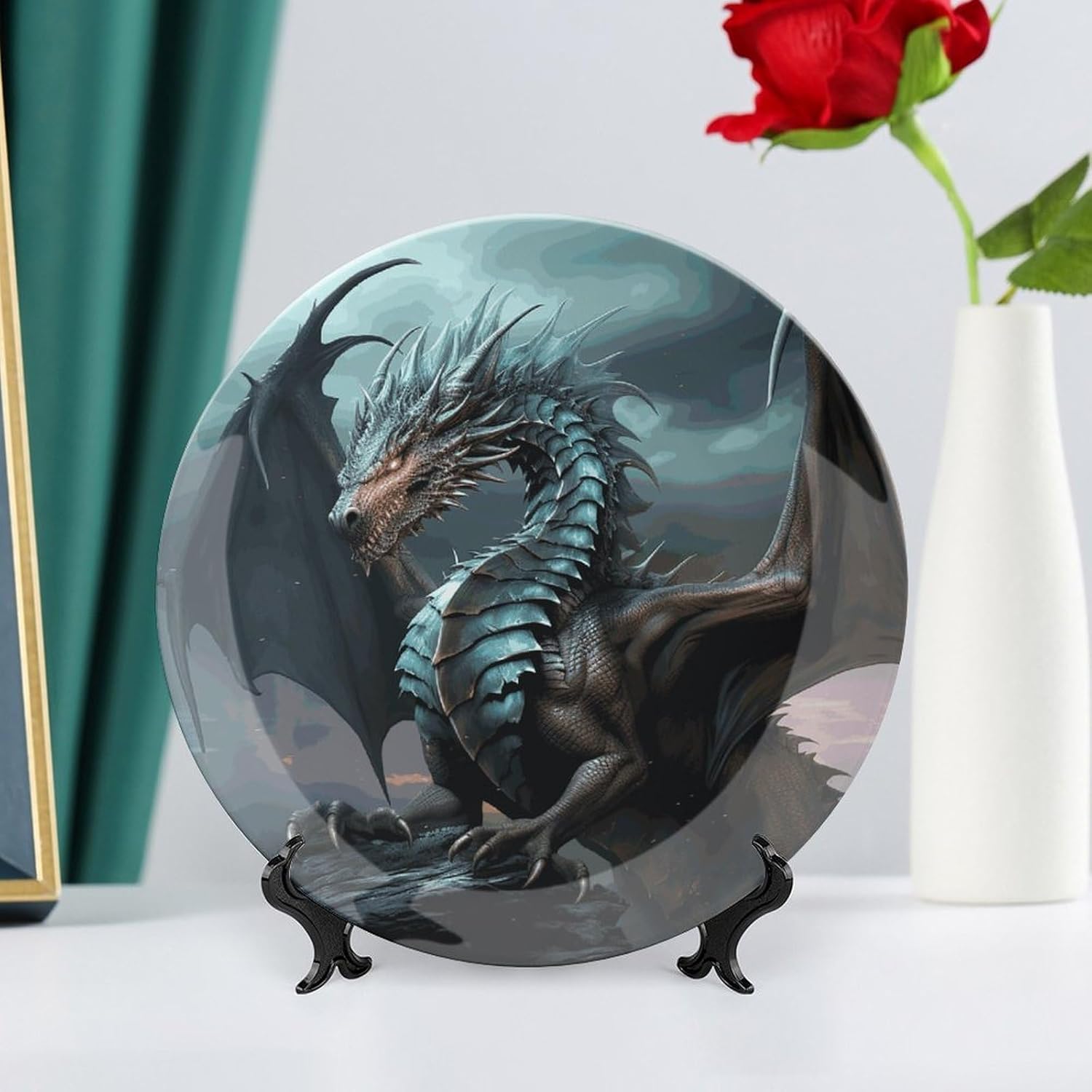 Cool Dragon Bone China Decorative Plate with Display Stand, Ceramic Ornaments Plate for Wall Hanging, Personalized Porcelain Plates for Office, Living Room 10inch