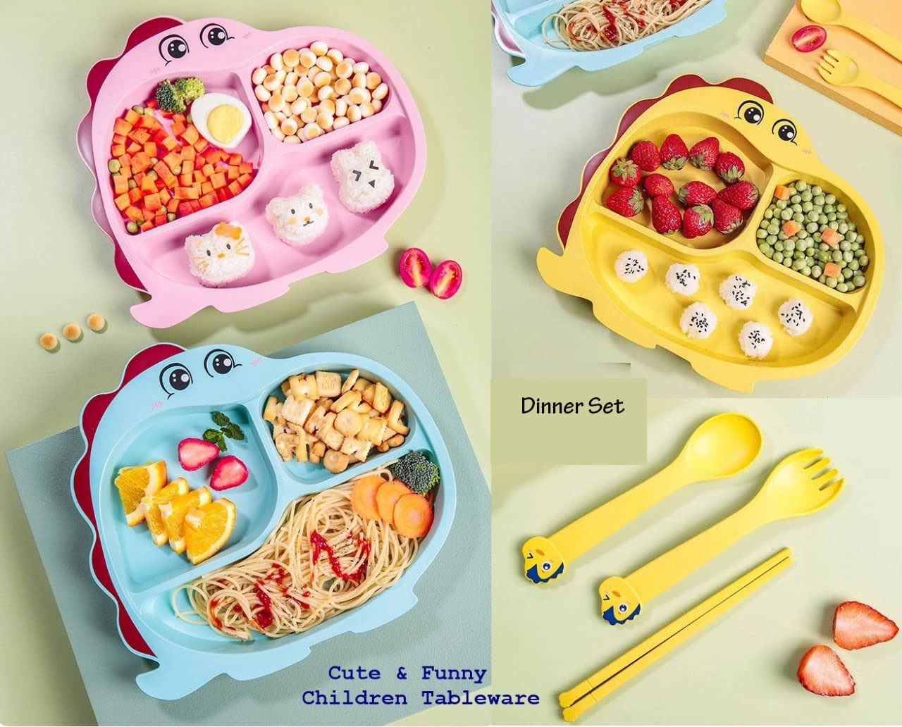 Crackles Cute Cartoon Dinosaur Design Dinner Plate Set for Kids/Baby Utensils Feeding Plate