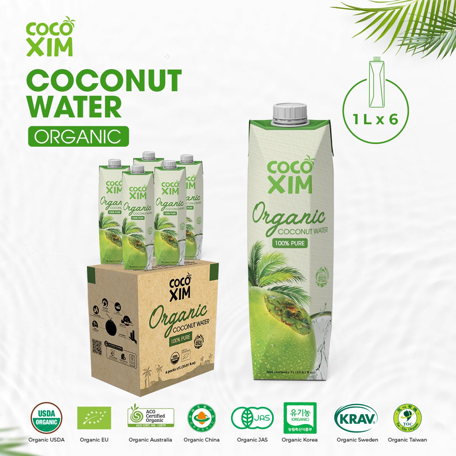 COCOXIM Ready to Drink Organic Coconut Water - 33.8 oz (Pack of 6)| Zero Added Sugar| Natural & Fresh with Electrolytes & Nutrients