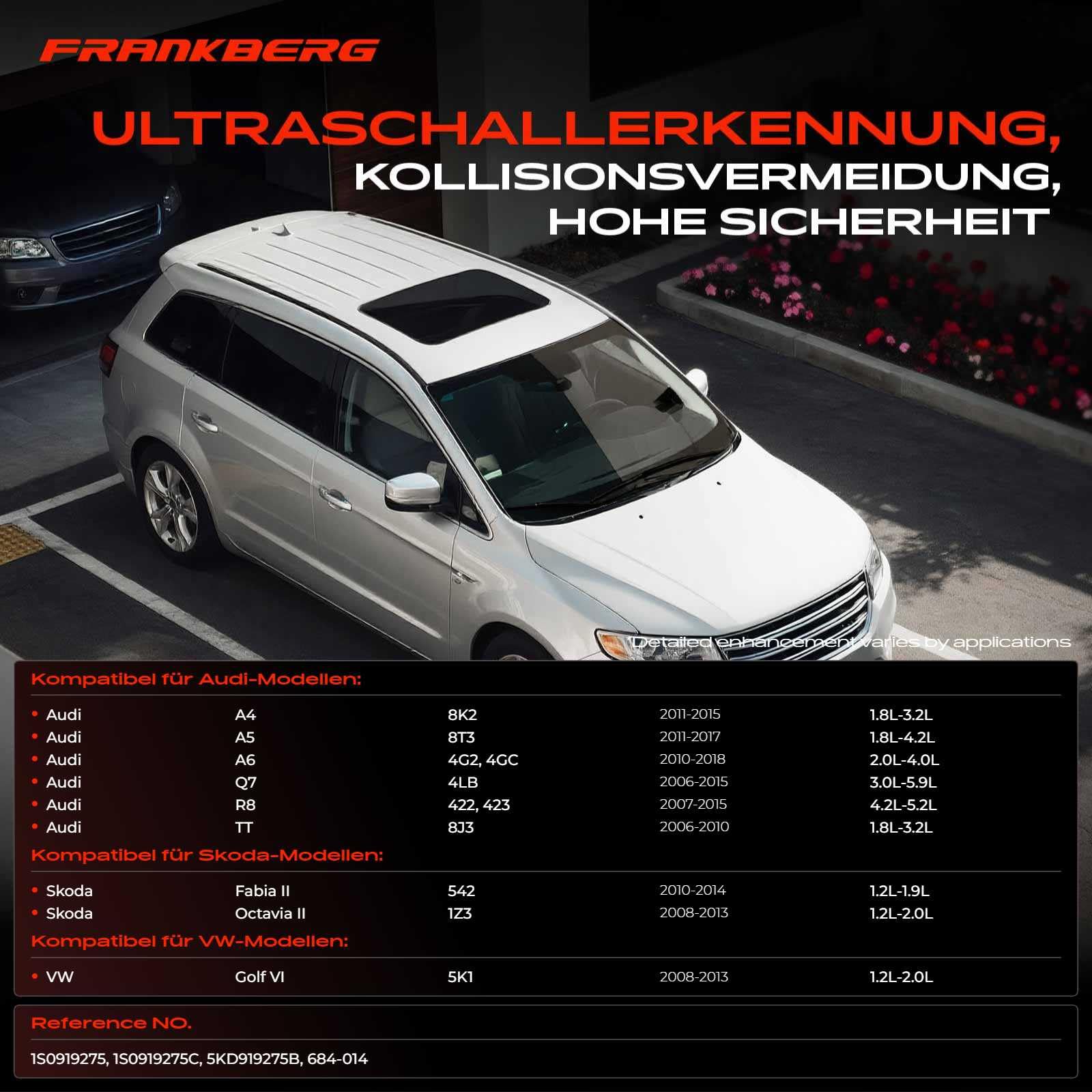 Frankberg 4X Parksensor 3-polig Vorne Hinten Kompatibel mit Golf Plus 521 5M1 1.2L-2.0L 2005-2013 P.a.s.s.a.t 3C2 1.4L-3.6L 2005-2010 A4 8K2 B8 1.8L-3.2L 2007-2015 Replace# 1S0919275