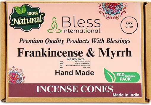 Bless International Frankincense-and-Myrrh 100%-Natural-Incense-Cones Handmade-Hand-Dipped Organic-Chemicals-Free for-Purification-Relaxation-Positivity-Yoga-Meditation The-Best-scents 60 Count