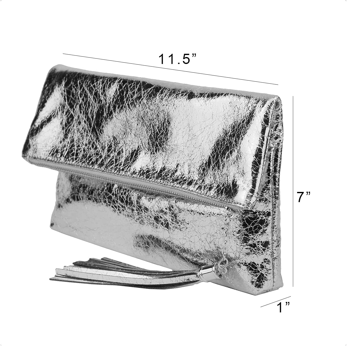 JNB Women's Cracked Metallic Fabric Foldover Clutch with Tassel - Image 4