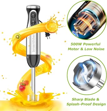 Bonsenkitchen Immersion Blender Handheld with Food Processor, 20 Speeds Hand Blender with Turbo Mode, Stainless Steel Blade, Egg Whisk, Beaker & Chopper Bowl, Hand Mixer for Smoothie, Soup, Baby Food