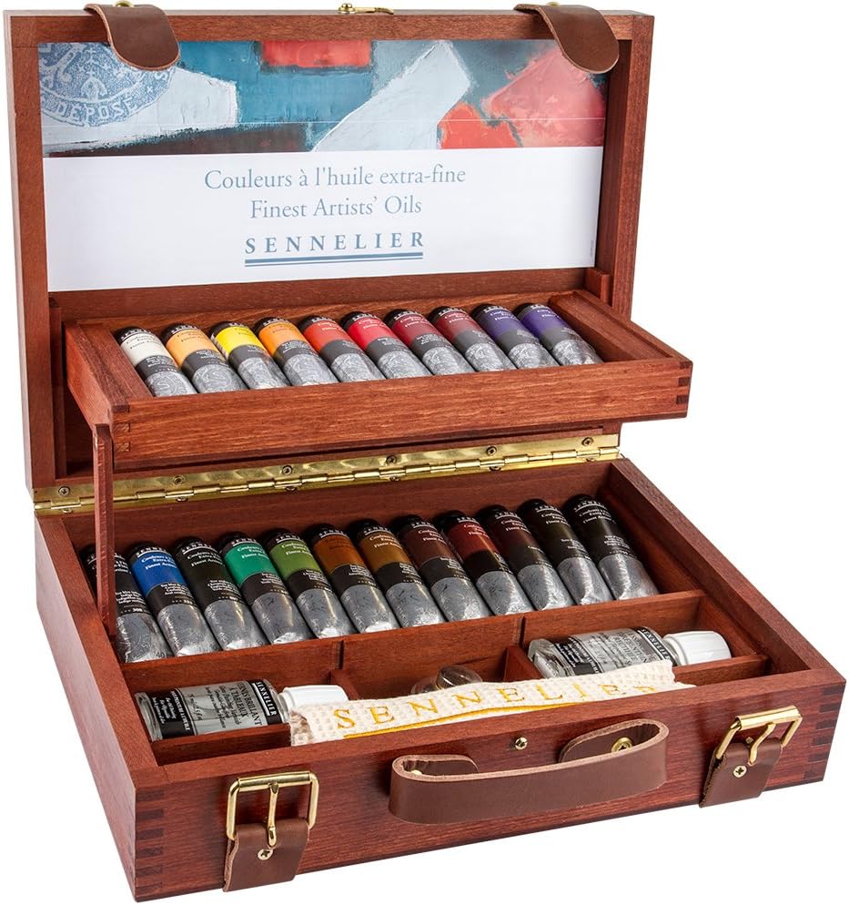 Sennelier Professional Artists Oil colour paint wooden box set, 22 x 40 ml tubes plus brush dipper and more