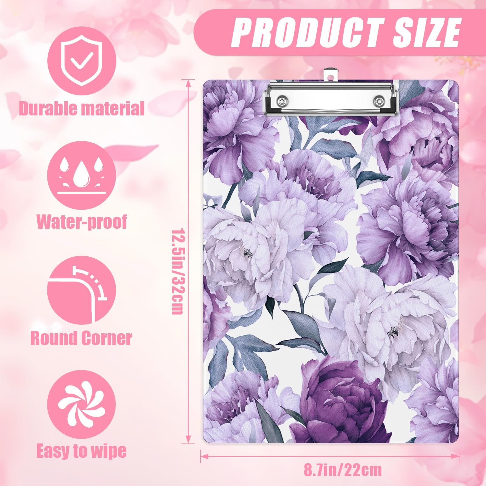 Portapapeles de flores moradas, tablero decorativo con clip de metal, bonito portapapeles de plástico A4 para enfermeras, estudiantes, oficina (tamaño estándar 8.5 x 12.5 pulgadas)