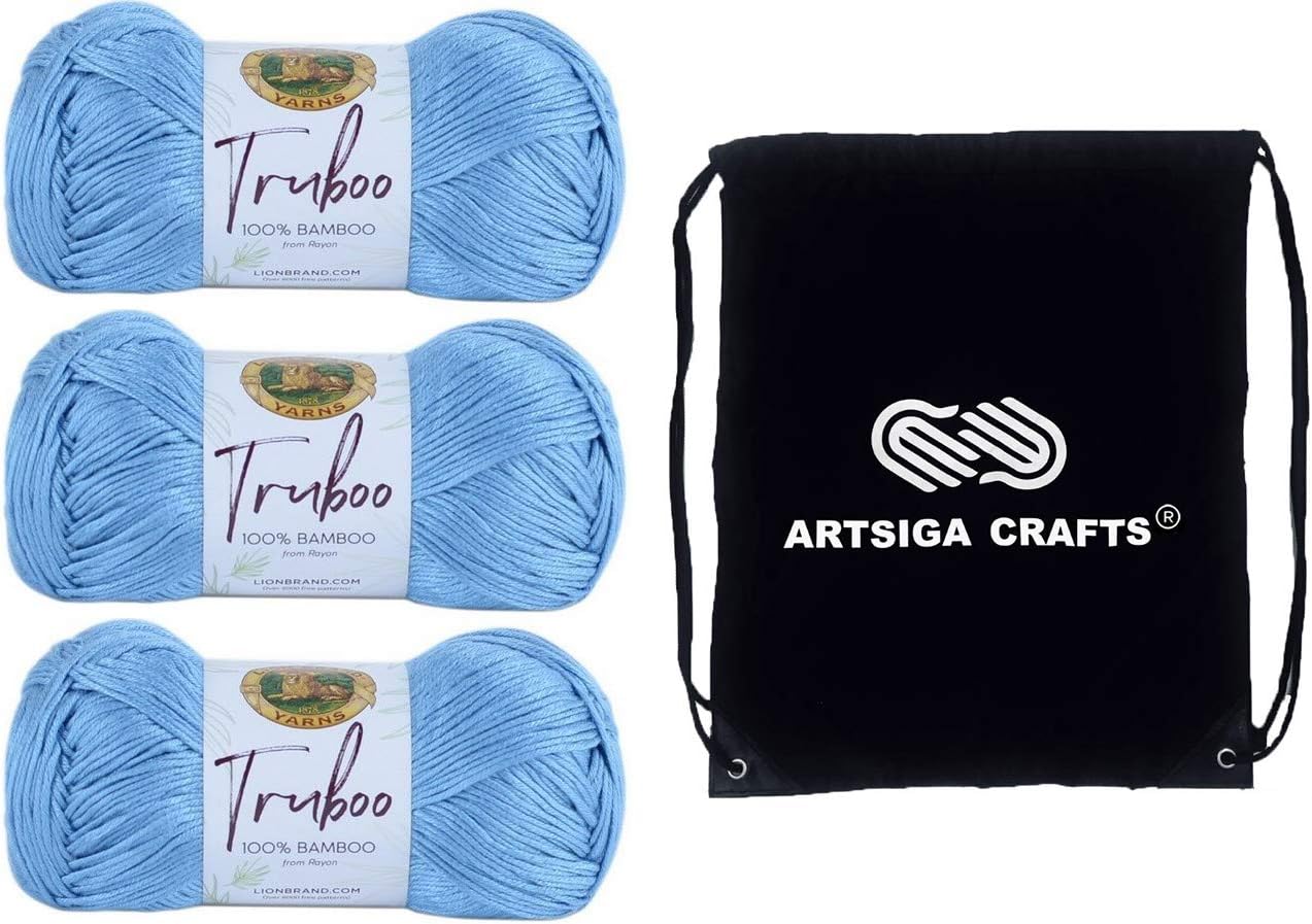 Lion Brand Truboo Light Blue 837-105 (3-Skeins - Same Dye Lot) DK Light Worsted #3 Rayon Yarn for Crocheting and Knitting with Project Bag