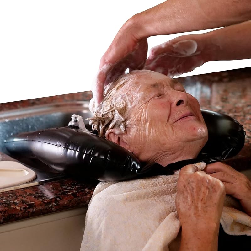 Lavabo para lavar el cabello fácil de inflar para personas mayores: cuenco para champú portátil | Lavabo para champú sin complicaciones con cómoda correa para el cuello | Cuenco de champú fácil de inflar para el hogar | Cuenco para lavar el cabello para personas encamadas
