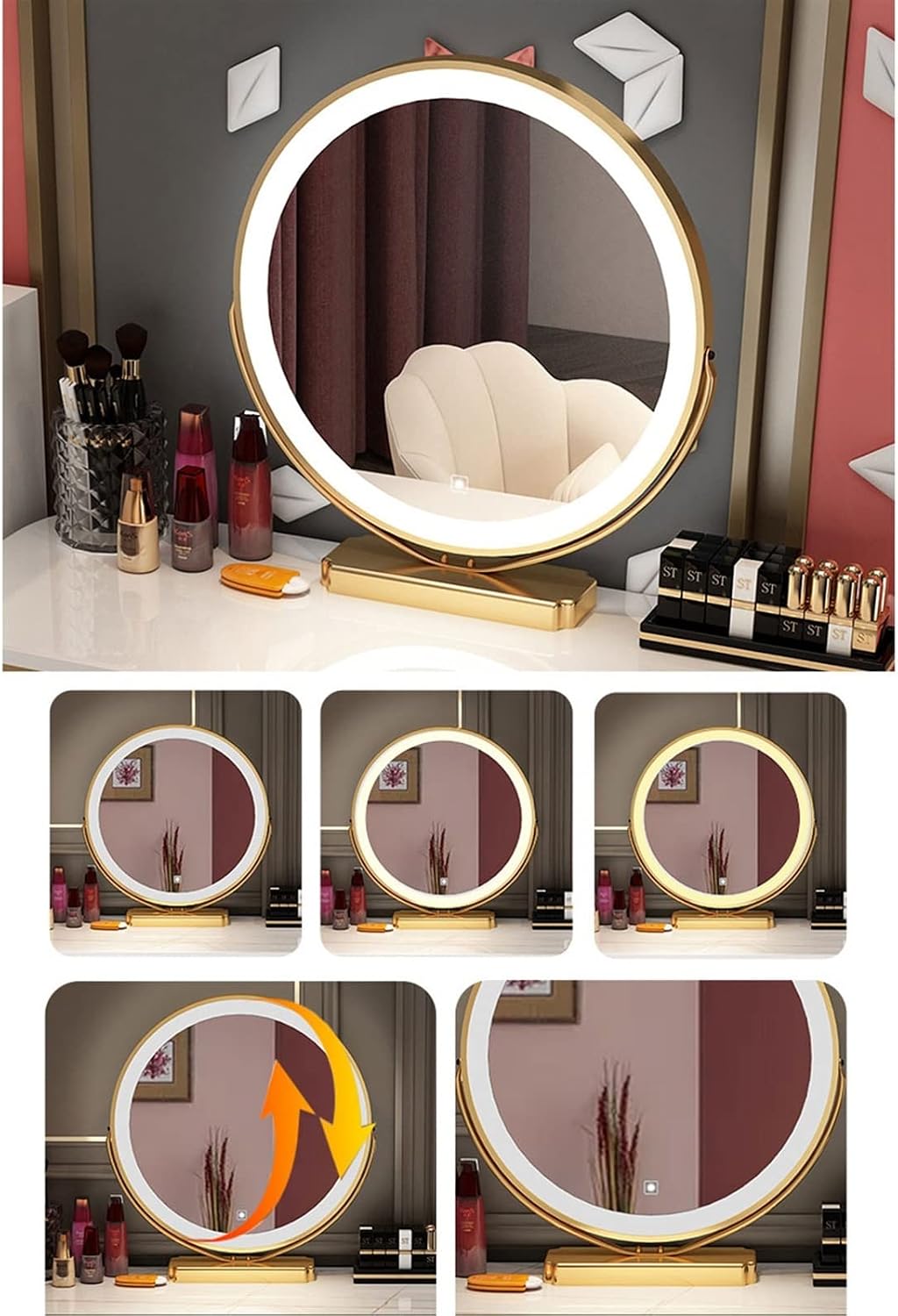 Vanity Dressing Table Set Luxury Makeup Bench with 3 Colors Led Hd Mirror,Comfortable Stool Drawers Cabinet,Modern Simple Style,for Girl's Gift (Size : 120cm) ()