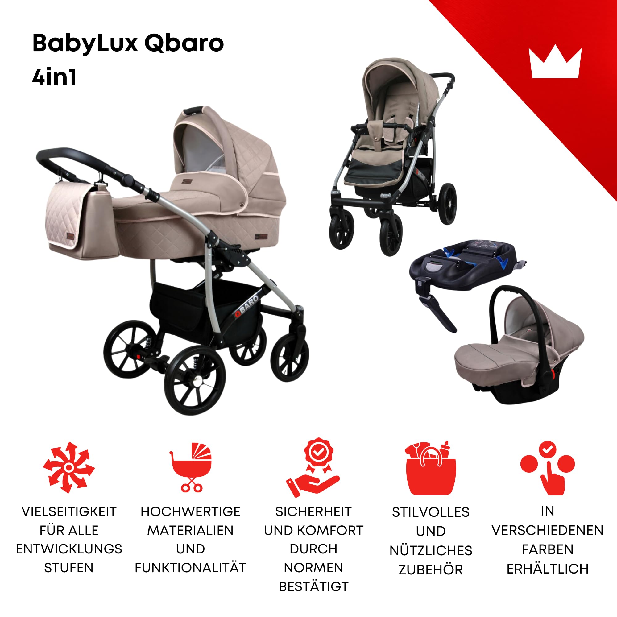 BabyLux® Wózek dziecięcy kompletny zestaw 4 w 1 - Qbaro - w zestawie gondola dla niemowląt, wędka, fotelik samochodowy, podstawa ISOFIX - system kombinowany dla niemowląt, z torbą do przewijania itp.