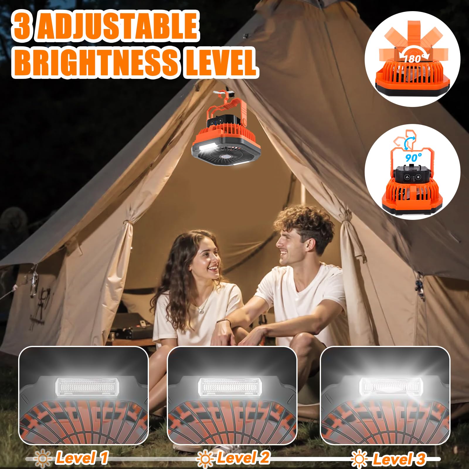 Ventilatore da campeggio, ventilatore da tavolo USB con batteria, luce, gancio, cinturino in paracord, 4 velocità, 3 regolazioni temporizzate, adatto per camera, campeggio, viaggio