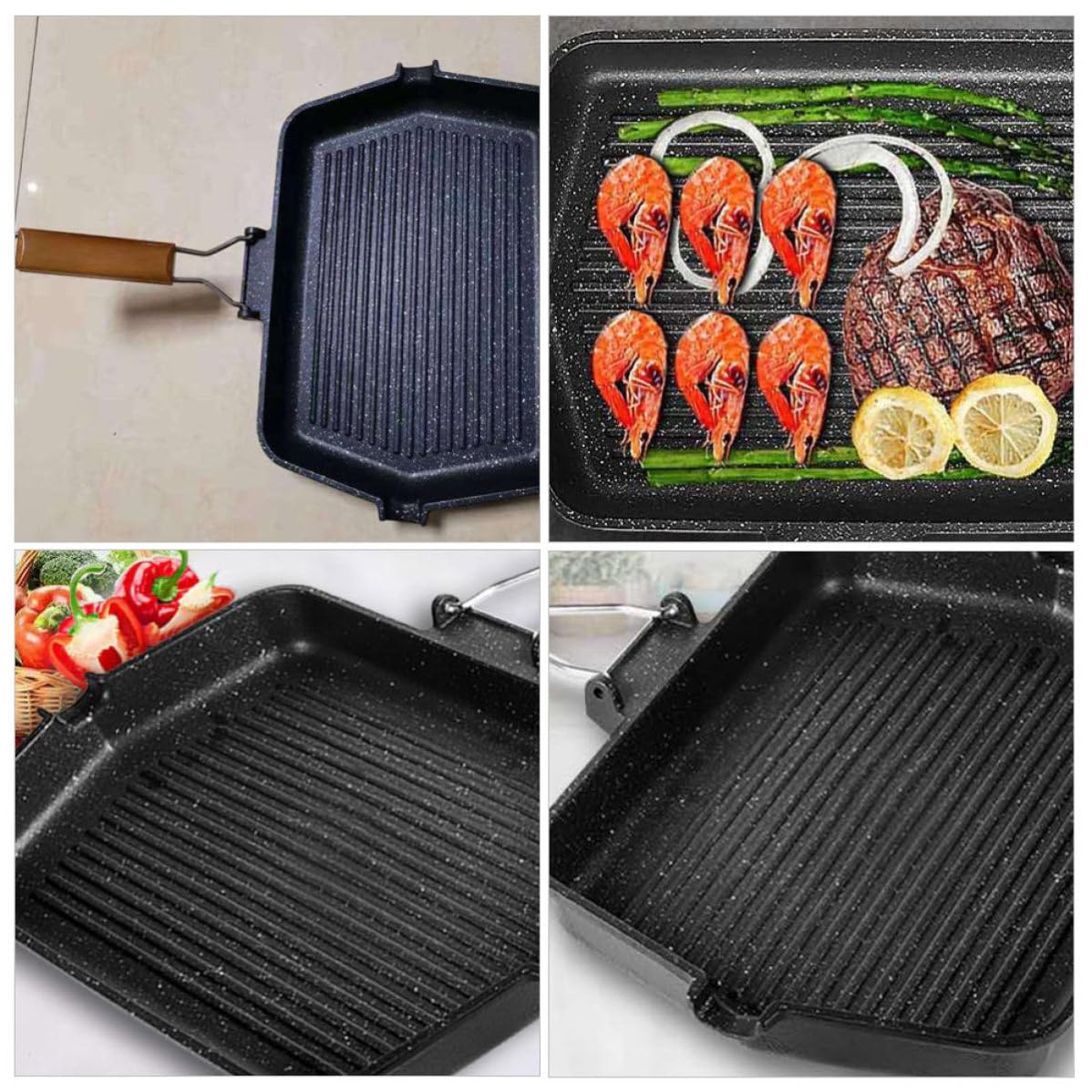 Padella Grill Antiaderente per Bistecche, Ferro Nero, Manico Pieghevole