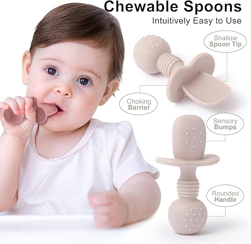 Miniatura 9 de Juego de 6 cucharas y tenedores para bebés, utensilios de silicona para la primera etapa de autoalimentación para niños pequeños, sin BPA,