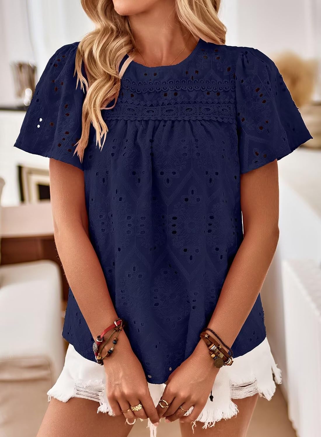 Womens Summer Tops Boho Short Sleeve Crew Neck Blouses for Women Dressy Casual Babydoll Cute Flowy Preppy Shirts - Image 5