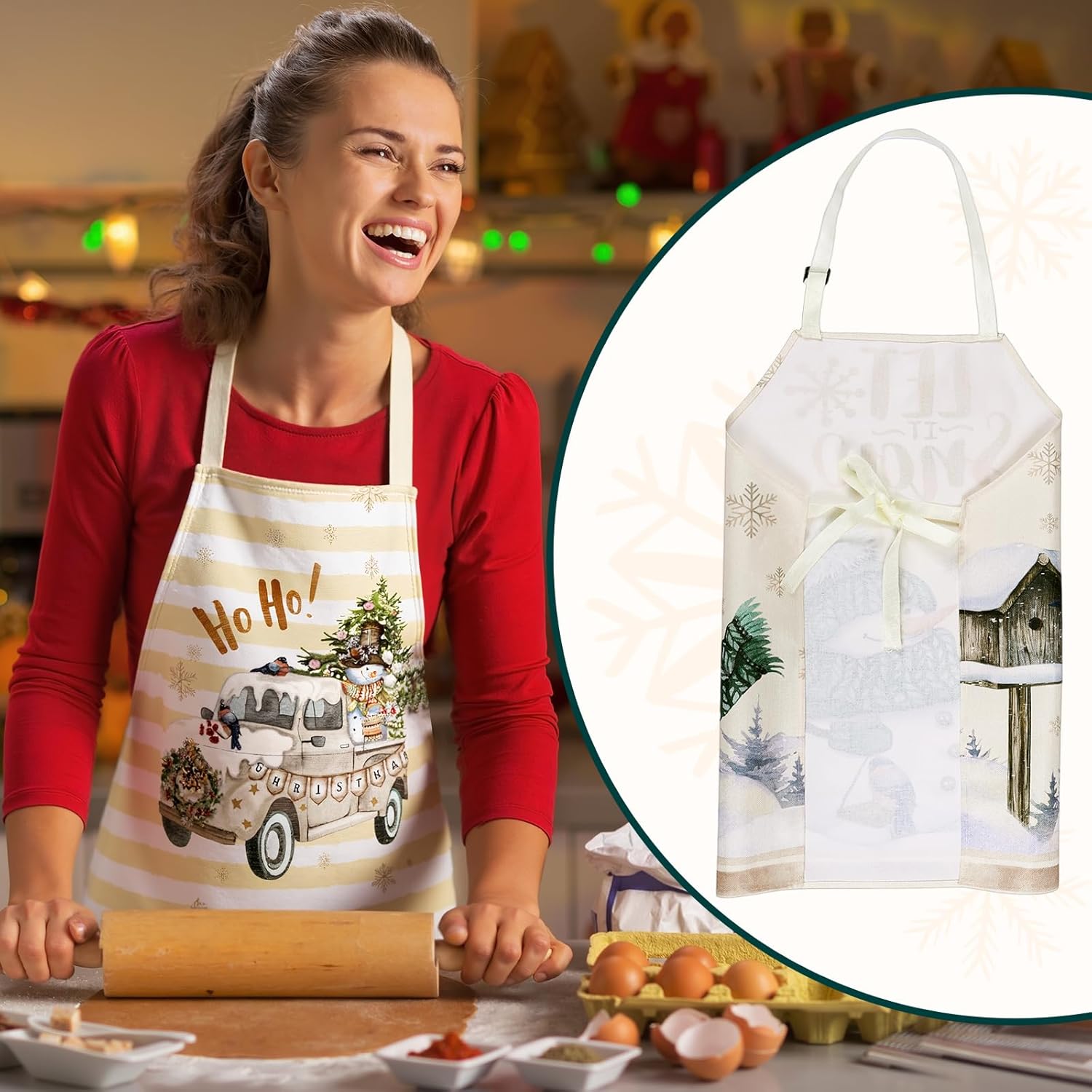 12 Pcs Christmas Aprons Bulk Funny Adjustable Aprons with Pockets Vintage Xmas Kitchen Baking Gift for Women