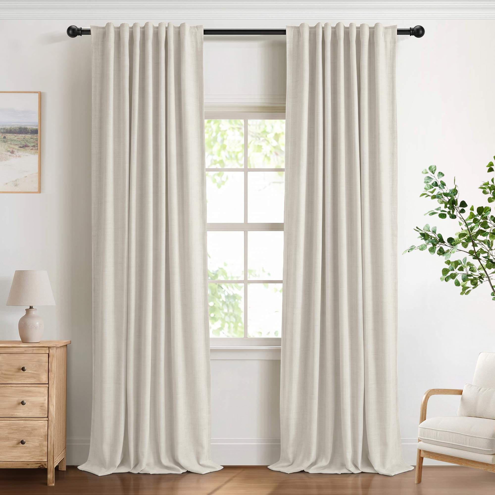 DEFYNEE 100% Blackout Curtains for Bedroom, 50 x 90 Inch Drop, Back Tab/Rod Pocket, Thermal Insulated Curtains with Coating Back Layers, for Room Darkening Privacy Protection, 2 Panels, Beige White