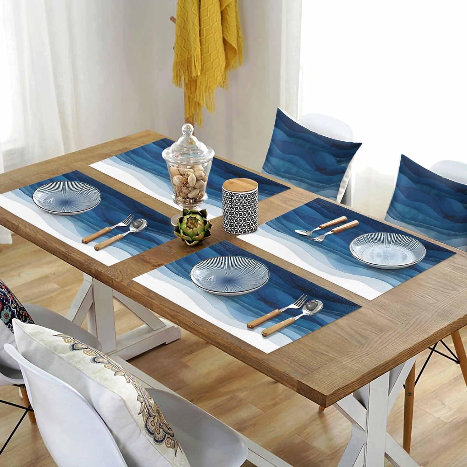 Blue Ombre Placemats Set of 6, Blue Gradient Waves Ocean Abstract Art Cotton Linen Table Mats Non-Slip Washable Print Placemat for Holiday Banquet Dining Kitchen Table Decor
