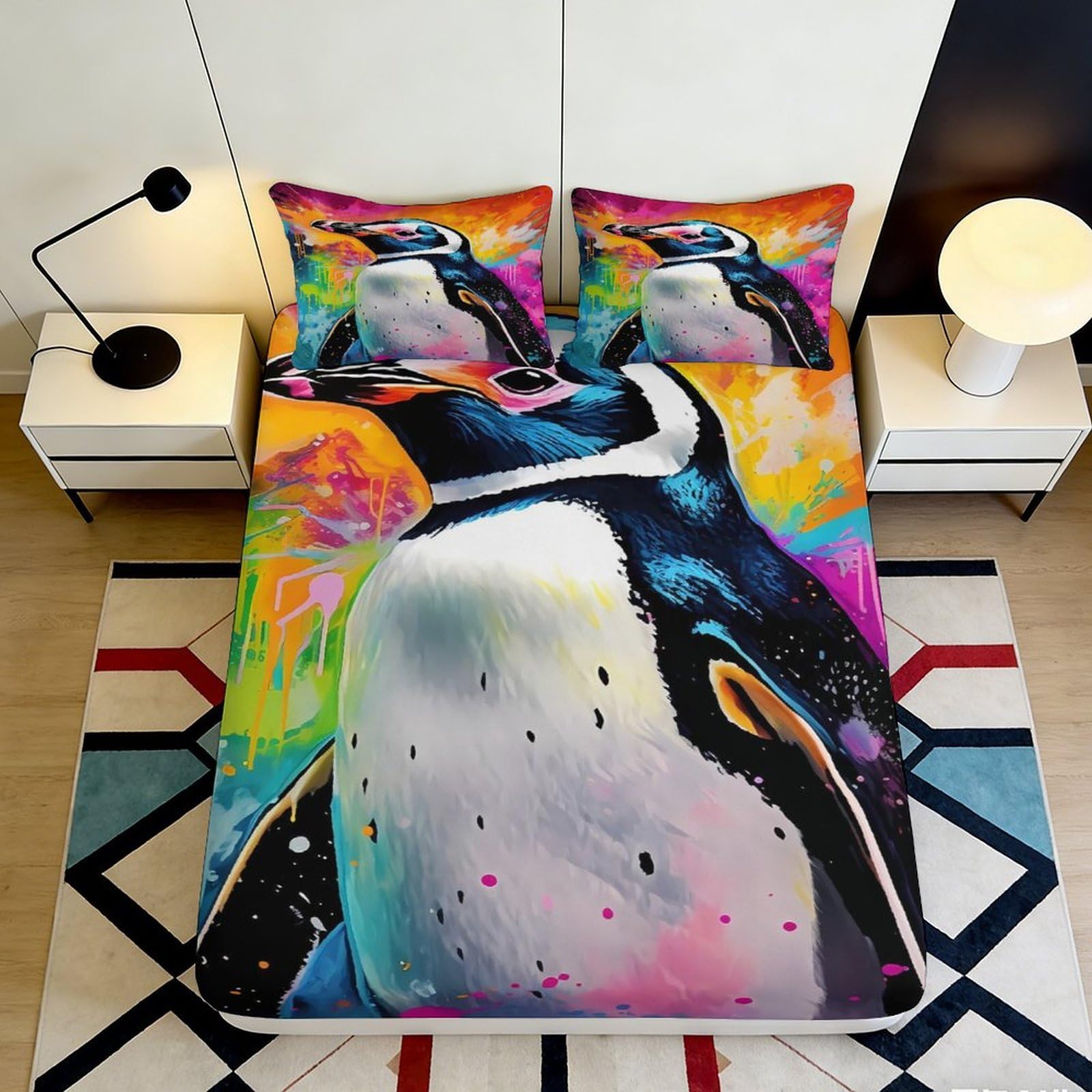 Uxinyoume Style-3 3D Printed Colorful Penguin Fitted Sheet Microfiber Soft Vibrant Art Mattress Cover For Bedroom Dorm Decor 90X200x25cm