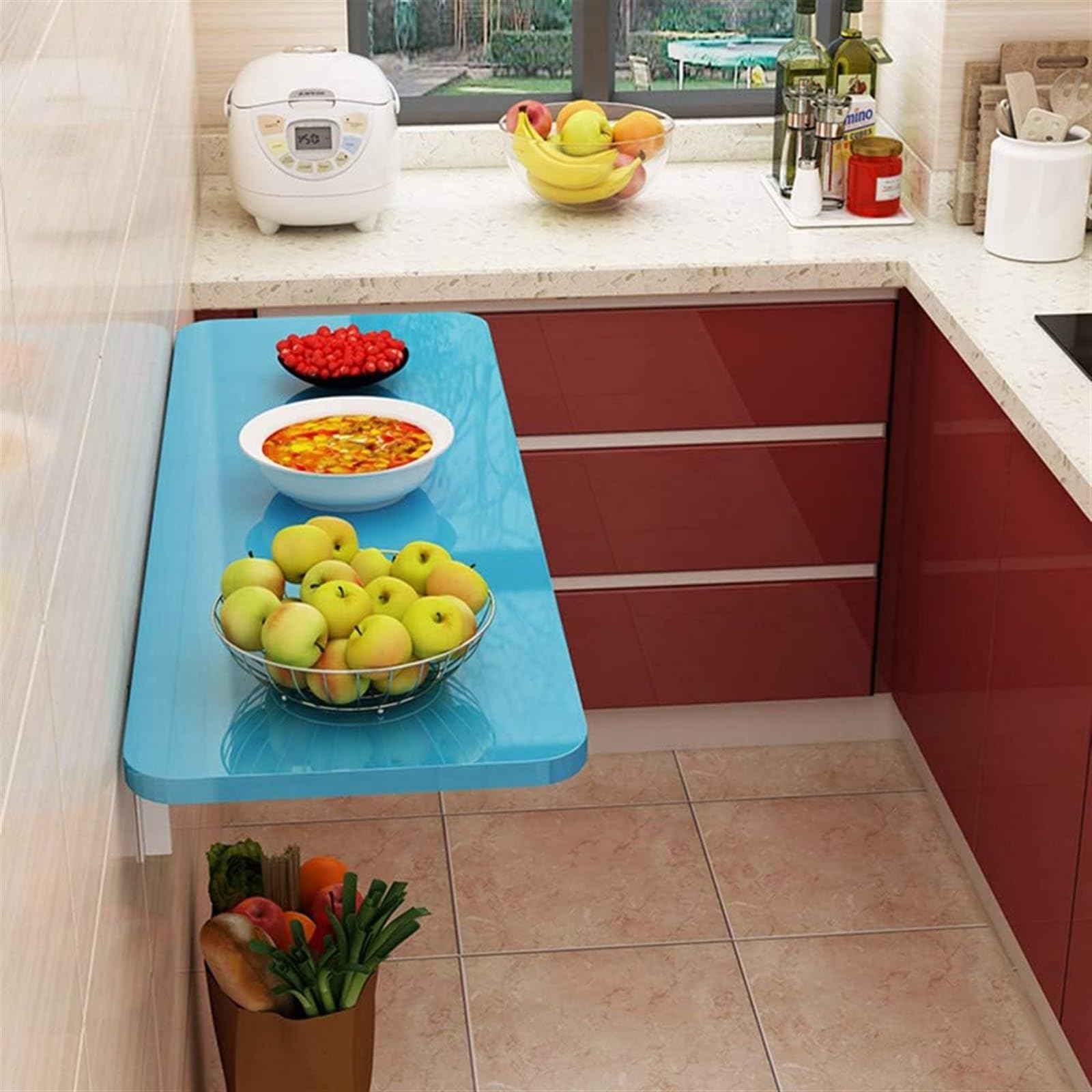 Bureau pliable mural bleu 100x30 cm contre le manque de place