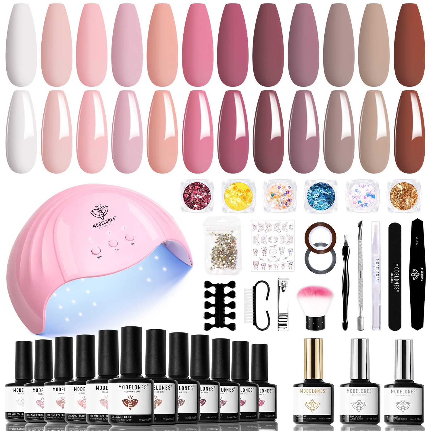 Modelones 35 Psc Gel Nail Polish Kit with U V Light 48W Nail Dryer 12 Colors White Pastel Pink Gel Nail Polish Set Glossy & Matte Base Top Coat Nail Art Decorations Manicure Tools DIY at Home Gift : Beauty & Personal Care