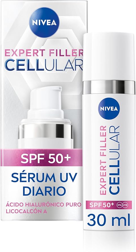 NIVEA Cellular Expert Filler - Sérum Fluido UV Diario - Protección Solar SPF 50+ - Con Ácido Hialurónico y Licocalcón A - Protege e Hidrata - Antiedad - Base de Maquillaje - Todo Tipo de Piel - 30 ml