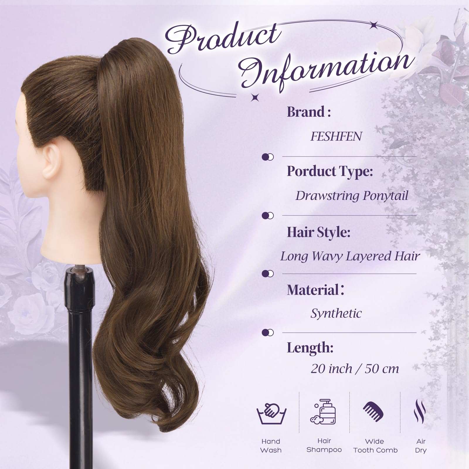 FESHFEN Coda Capelli Extension con Coulisse, Naturali Ondulati Lunga Ricci Posticci Sintetici Marrone Multiplo Coda Cavallo Extensions Posticci Capelli per Donna, 50 cm