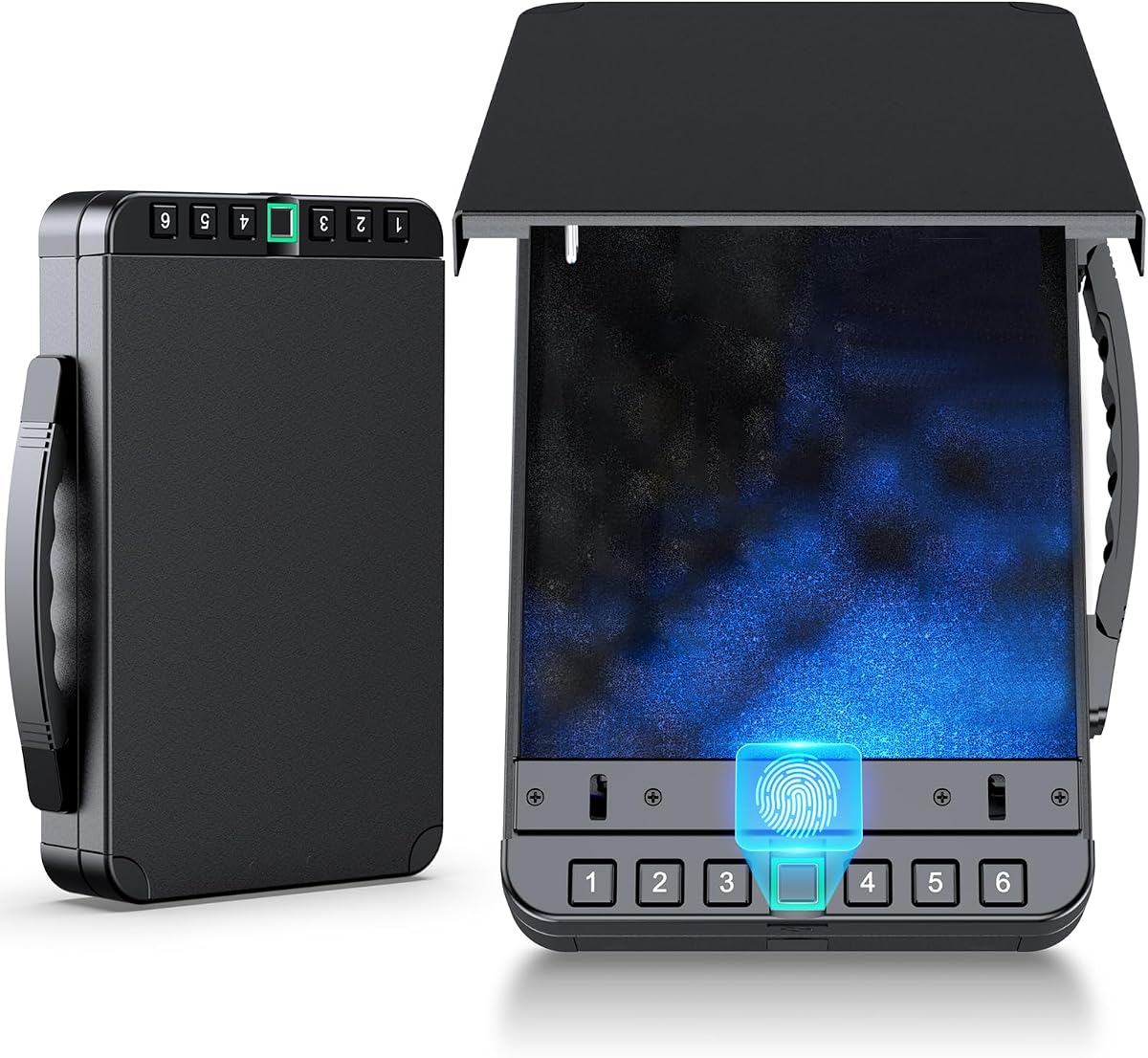 Biometric Safe Box for Secure Storage, Portable Fingerprint Safe with Digital Keypad Lock & Backup Keys, Quick Access Security Box for Vehicle, Travel, Nightstand & Bedside, USB Rechargeable, Black
