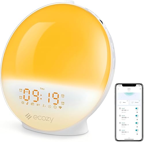  ecozy Sunrise Alarm Clock, White Noise Machine, Sunrise/Sunset Simulation, App&Voice of Alexa Control, 4 Alarms&Snooze, 17 Color Lights 22 Sleep Sounds, Bluetooth Wake Up Light for Heavy Sleeper/Kid 