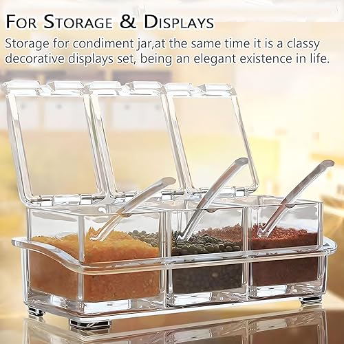 Vista 9 de V·RESOURCING Caja de condimentos transparente, 3 piezas de recipientes de especias con soporte para condimentos, sal y azúcar, con 3 cucharas